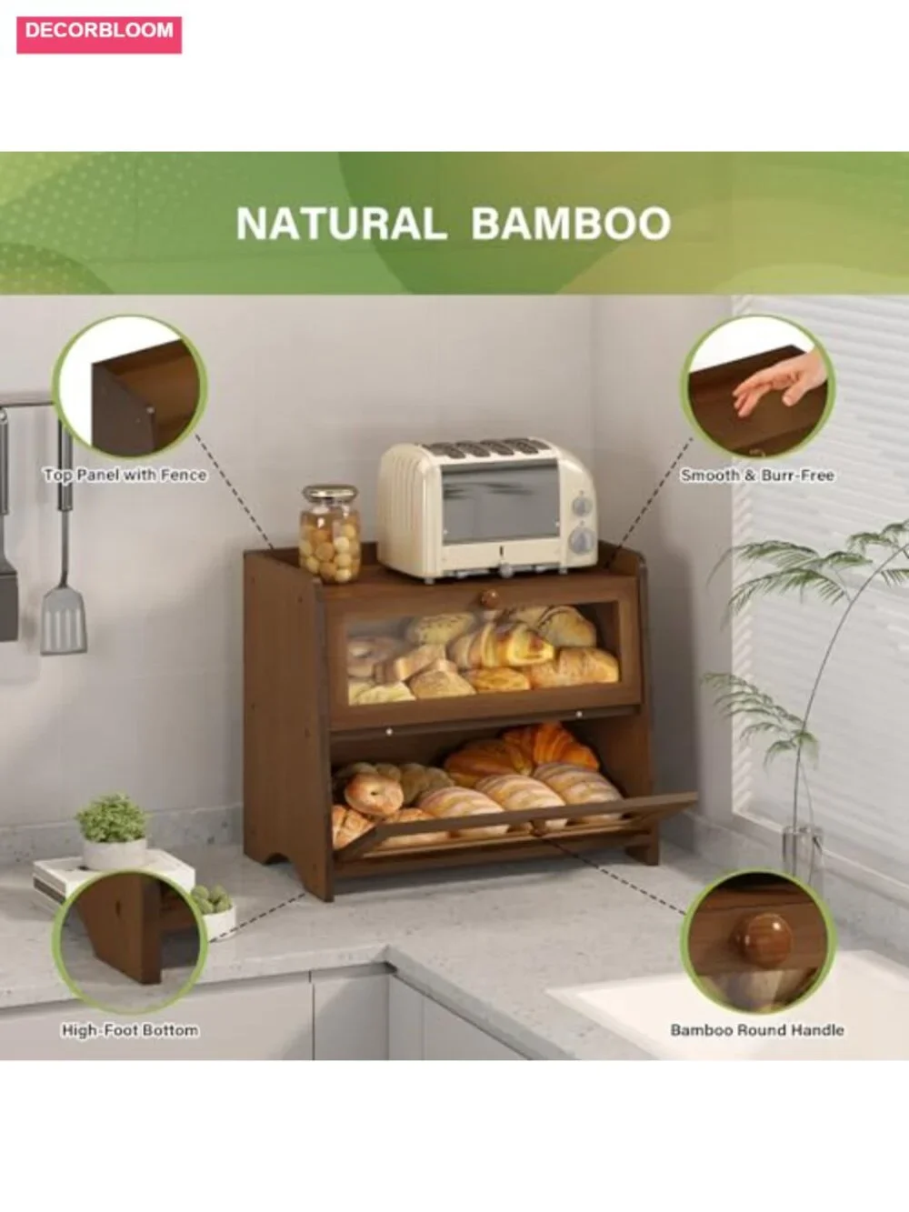 Double Layer Bamboo Bread Box with Acrylic Window, Large Kitchen Countertop